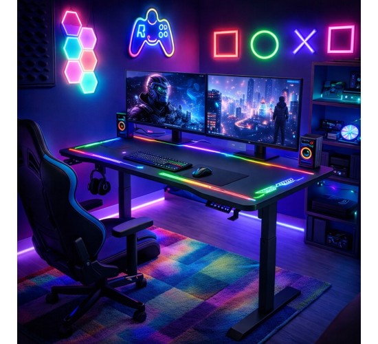 VenCore 2730-10006 - Gaming Desk Adjustable 120x60x72-112cm Black - Μοντέρνο Γραφείο Ρυθμιζόμενου Ύψους με Λειτουργία Μνήμης Gaming VenCore Μοριοσανίδας Carbon Fiber με Μεταλλικά Πόδια Μαύρο Μ120 x Π60 x Υ72-112cm