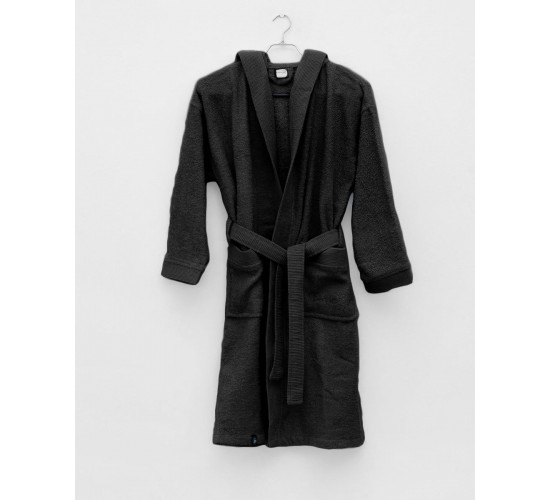 Unisex Βαμβακερό Πετσετέ Μονόχρωμο Μπουρνούζι με Πλισέ Γιακά & Κουκούλα Rease Medium Μαύρο