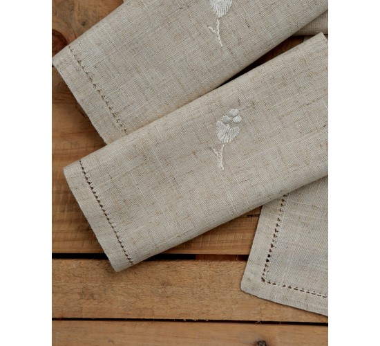 Σετ πετσέτες φαγητού με κέντημα φύλλο και αζούρ στο τελείωμα 42x42cm Μπεζ