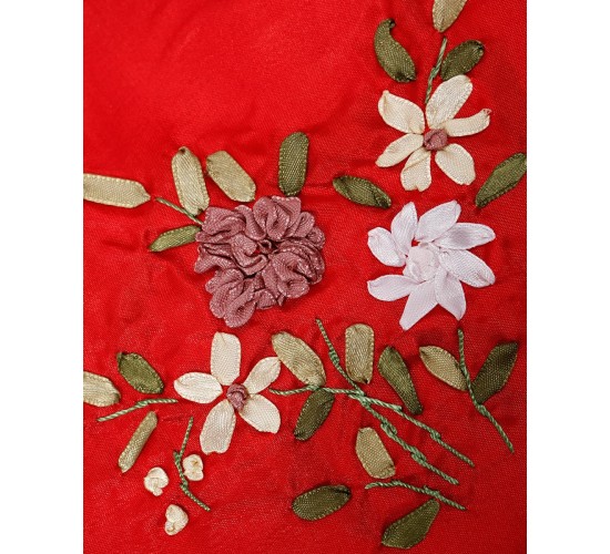 Πουγκί Lux με κέντημα λουλούδια και κορδόνι με φουντίτσες 18x23cm Κόκκινο