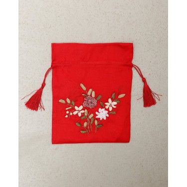 Πουγκί Lux με κέντημα λουλούδια και κορδόνι με φουντίτσες 18x23cm Κόκκινο