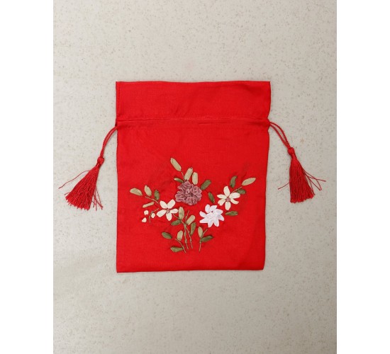 Πουγκί Lux με κέντημα λουλούδια και κορδόνι με φουντίτσες 18x23cm Κόκκινο