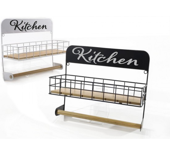 Ράφι Με Θήκη Ρολού Κουζίνας Μέταλλο/Μπαμπού 34x13x28cm Σε 2 Χρώματα