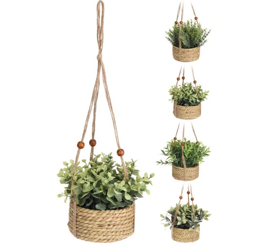 Φυτό Τεχνητό ArteLibre Κρεμαστό 45cm Με Χάντρες Σε Ψάθινο Καλάθι 13x6cm Σε 4 Ποικιλίες