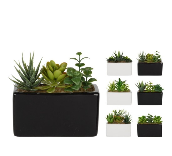 Φυτό Τεχνητό ArteLibre Σε Ορθογώνιο Κεραμικό Γλάστρακι Λευκό ή Μαύρο Σε 6 Συνδυασμούς