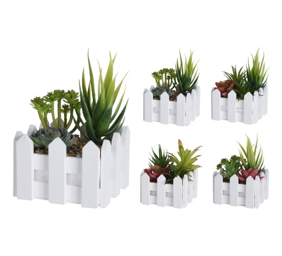 Φυτό Τεχνητό ArteLibre Σε Ξύλινο Λευκό Γλαστράκι Φράχτη Σε 4 Συνδυασμούς