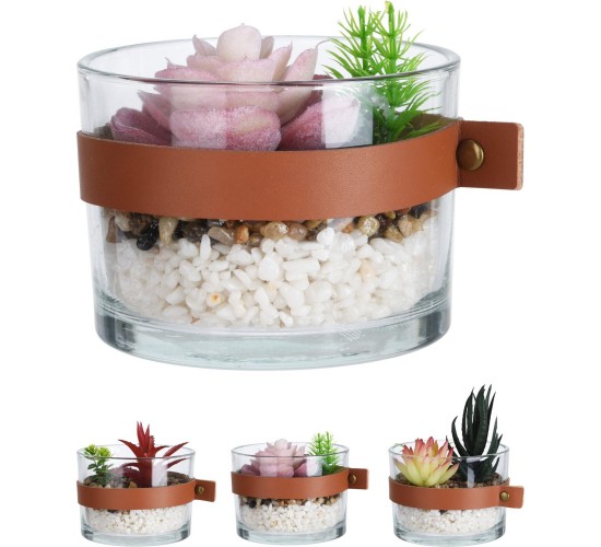 Φυτό Τεχνητό ArteLibre Σε Γυάλινο Δοχείο Με PU Ζώνη Φ11x9-13.5cm Σε 4 Συνδυασμούς