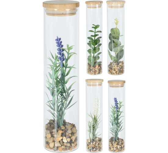 Φυτό Τεχνητό ArteLibre Σε Γυάλινο Δοχείο Με Μπαμπού Καπάκι Σε 4 Συνδυασμούς