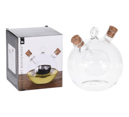 Φιάλη Λαδιού Σε Σχήμα Μπάλας Με 2 Πώματα Φελού Διάφανο Γυαλί 12x12x11cm