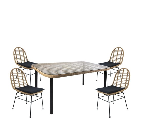 Σετ Τραπεζαρία Κήπου ArteLibre AMPIUS Φυσικό/Μαύρο Μέταλλο/Rattan/Γυαλί Με 4 Καρέκλες 14990283