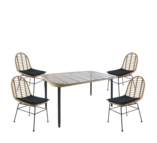 Σετ Τραπεζαρία Κήπου ArteLibre ANNIUS Φυσικό/Μαύρο Μέταλλο/Rattan/Γυαλί Με 4 Καρέκλες 14990285