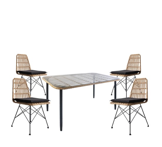 Σετ Τραπεζαρία Κήπου ArteLibre ANNIUS Φυσικό/Μαύρο Μέταλλο/Rattan/Γυαλί Με 4 Καρέκλες 14990289