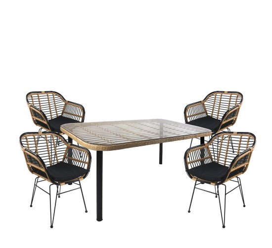 Σετ Τραπεζαρία Κήπου ArteLibre AMPIUS Φυσικό/Μαύρο Μέταλλο/Rattan/Γυαλί Με 4 Καρέκλες 14990291