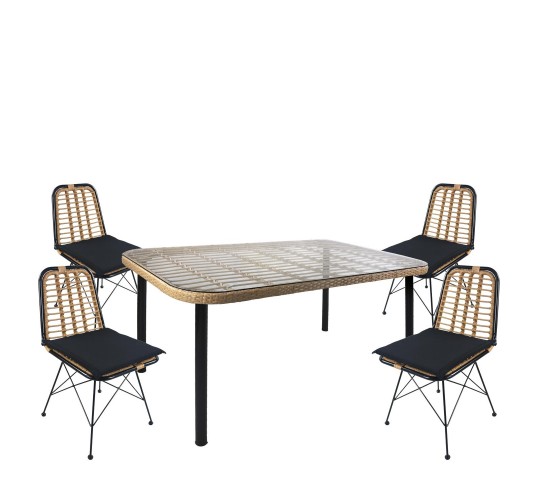 Σετ Τραπεζαρία Κήπου ArteLibre AMPIUS Φυσικό/Μαύρο Μέταλλο/Rattan/Γυαλί Με 4 Καρέκλες 14990299