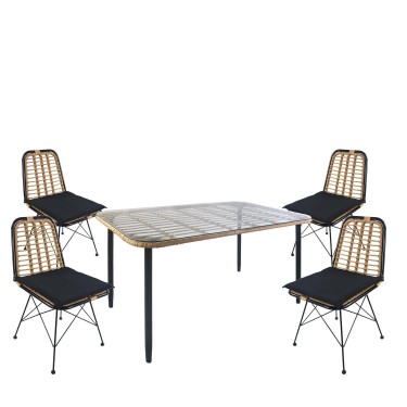 Σετ Τραπεζαρία Κήπου ArteLibre ANNIUS Φυσικό/Μαύρο Μέταλλο/Rattan/Γυαλί Με 4 Καρέκλες 14990301