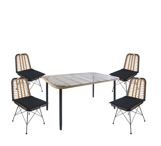 Σετ Τραπεζαρία Κήπου ArteLibre ANNIUS Φυσικό/Μαύρο Μέταλλο/Rattan/Γυαλί Με 4 Καρέκλες 14990301