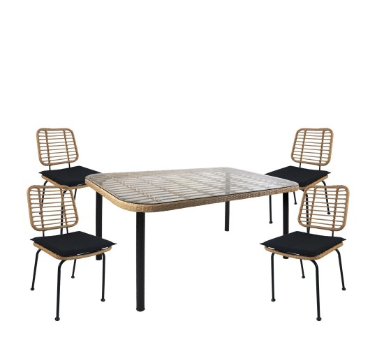 Σετ Τραπεζαρία Κήπου ArteLibre AMPIUS Φυσικό/Μαύρο Μέταλλο/Rattan/Γυαλί Με 4 Καρέκλες 14990311