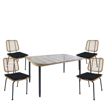 Σετ Τραπεζαρία Κήπου ArteLibre ANNIUS Φυσικό/Μαύρο Μέταλλο/Rattan/Γυαλί Με 4 Καρέκλες 14990313