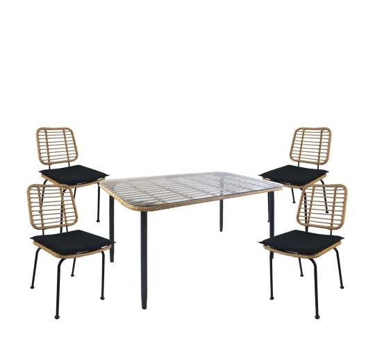 Σετ Τραπεζαρία Κήπου ArteLibre ANNIUS Φυσικό/Μαύρο Μέταλλο/Rattan/Γυαλί Με 4 Καρέκλες 14990313