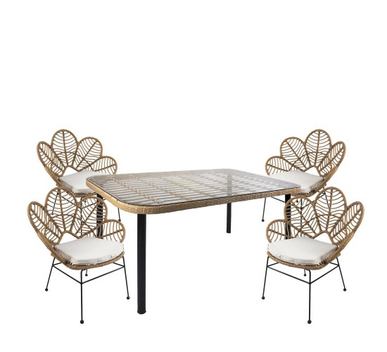 Σετ Τραπεζαρία Κήπου ArteLibre AMPIUS Φυσικό/Μαύρο Μέταλλο/Rattan/Γυαλί Με 4 Καρέκλες 14990315