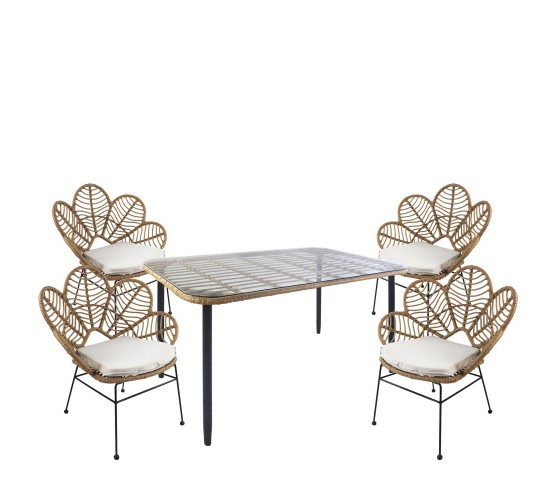 Σετ Τραπεζαρία Κήπου ArteLibre ANNIUS Φυσικό/Μαύρο Μέταλλο/Rattan/Γυαλί Με 4 Καρέκλες 14990317