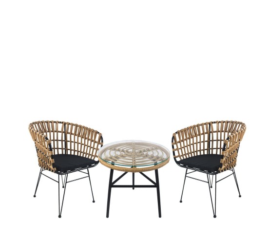 Σετ Τραπεζαρία Κήπου ArteLibre ARELLIUS Φυσικό/Μαύρο Μέταλλο/Rattan/Γυαλί Με 2 Καρέκλες 14990345