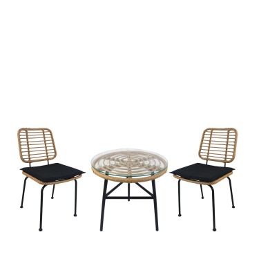 Σετ Τραπεζαρία Κήπου ArteLibre ARELLIUS Φυσικό/Μαύρο Μέταλλο/Rattan/Γυαλί Με 2 Καρέκλες 14990353