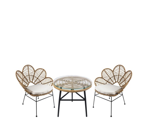 Σετ Τραπεζαρία Κήπου ArteLibre ARELLIUS Φυσικό/Μαύρο Μέταλλο/Rattan/Γυαλί Με 2 Καρέκλες 14990357