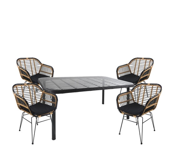 Σετ Τραπεζαρία Κήπου ArteLibre AMPIUS Μαύρο Μέταλλο/Rattan/Γυαλί Με 4 Καρέκλες 14990367