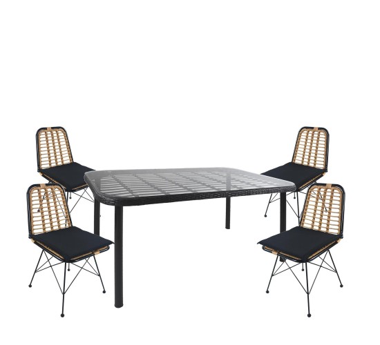 Σετ Τραπεζαρία Κήπου ArteLibre AMPIUS Μαύρο Μέταλλο/Rattan/Γυαλί Με 4 Καρέκλες 14990373