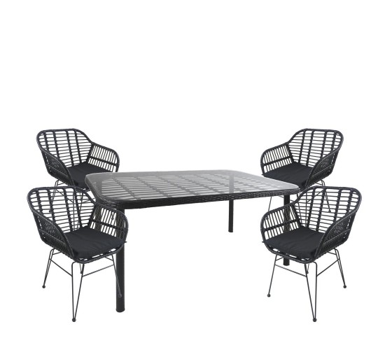 Σετ Τραπεζαρία Κήπου ArteLibre AMPIUS Μαύρο Μέταλλο/Rattan/Γυαλί Με 4 Καρέκλες 14990379