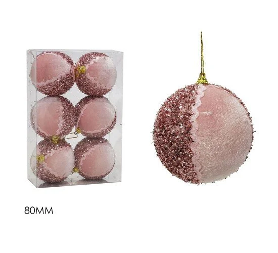 Μπάλα με glitter ροζ βελούδο Φ8cm σετ 6τμχ Μπάλα με glitter ροζ βελούδο Φ8cm σετ 6τμχ