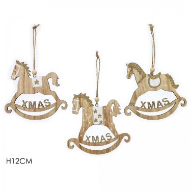 Στολίδι Κρεμαστό Αλογάκι Κουνιστό Με Χρυσό Glitter Φυσικό Ξύλο 12cm Σε 3 Σχέδια