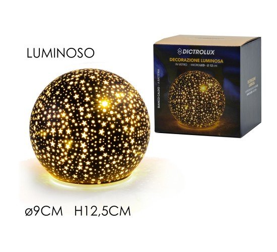 Μπάλα Φωτιζόμενη Με Micro LED Μπαταρίας Μαύρο/Χρυσό Γυαλί Φ9x12.5cm