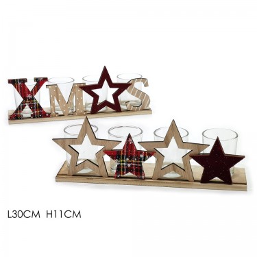 Κηροπήγιο 4 Θέσεων -XMAS- Φυσικό Ξύλο/Γυαλί 30x11cm Σε 2 Σχέδια