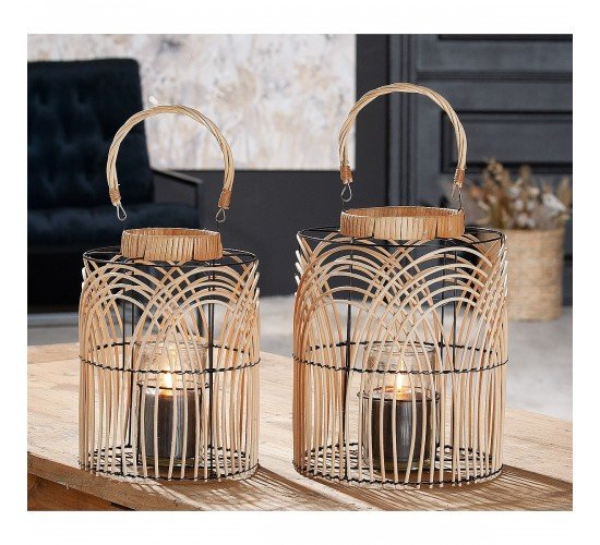 Φανάρι Φυσικό/Μαύρο Rattan/Μέταλλο 33cm