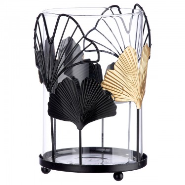 Φανάρι ArteLibre Με Διακόσμηση Φύλλα Μαύρο/Διάφανο Μέταλλο/Γυαλί 19cm