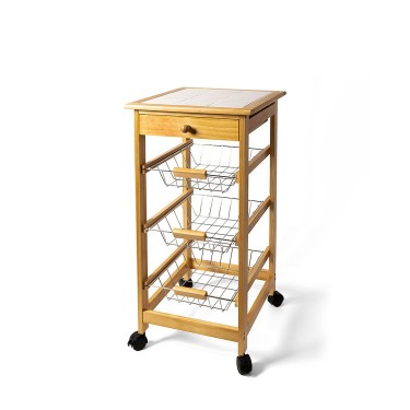Μανάβης Τρόλεϊ Με 3 Καλάθια Και Συρτάρι Φυσικό Μπαμπού/Μέταλλο 37x37x76cm
