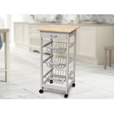 Μανάβης Τρόλεϊ Με 3 Καλάθια Και Συρτάρι Λευκό/Φυσικό Μέταλλο/Ξύλο 37x37x76cm