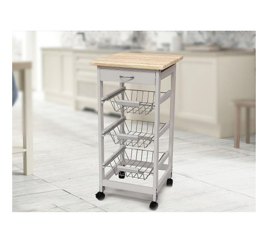 Μανάβης Τρόλεϊ Με 3 Καλάθια Και Συρτάρι Λευκό/Φυσικό Μέταλλο/Ξύλο 37x37x76cm