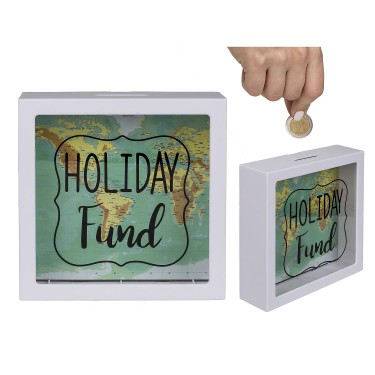 Κουμπαράς -Holiday Fund- Με Σχέδιο Παγκόσμιο Χάρτη Λευκό Πλαστικό 15cm