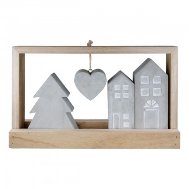 Ανάγλυφο Σταντ Ορθογώνιο -Casa- Μοτίβο Σπιτιού Τσιμέντο/Ξύλο Εκρού/Γκρι 5x25.5x15cm