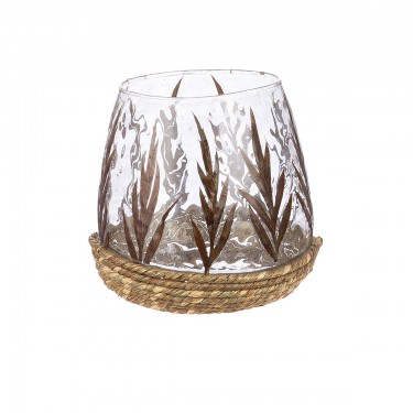 Ανεμοφωτιστικό Κωνικό -Greenery- Σχέδιο Φύλλου Γυαλί Πράσινο 11x11cm