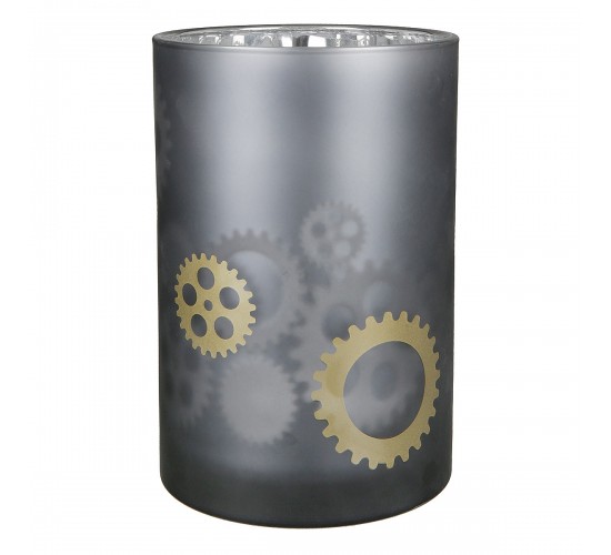 Κηροπήγιο ArteLibre Με Διακόσμηση Γρανάζια Γκρι Γυαλί Φ12x18cm