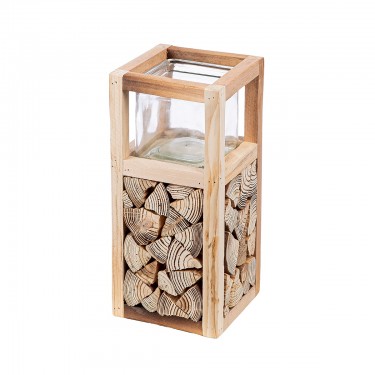 Ανεμοφωτιστικό -Catasta- Γυαλί/Ξύλο Εκρού 14x14x30cm