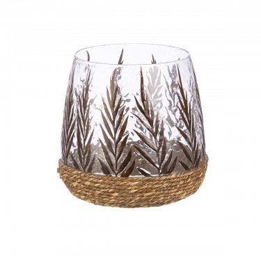 Ανεμοφωτιστικό Κωνικό -Greenery- Σχέδιο Φύλλου Γυαλί Πράσινο 16x16.5cm