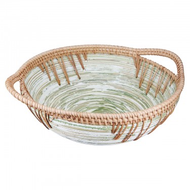 Μπωλ Στρογγυλό -Fortaleza- Ριγέ Μπαμπού/Ρατάν Εκρού/Πράσινο 30x35.5x11cm