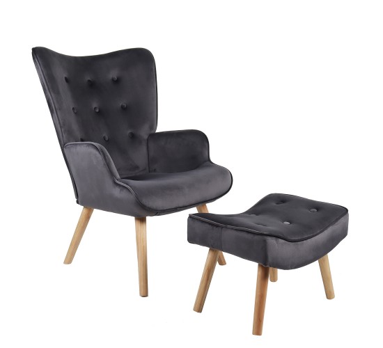 Πολυθρόνα Μπερζέρα Με Υποπόδιο ArteLibre ANIDORI Γκρι Βελούδο/Ξύλο 73x69x96cm