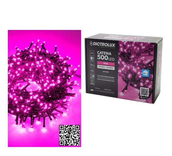 500 LED Εσωτ. & Εξωτ. Χώρου Με 8 Προγράμματα Και Μετασχηματιστή Ροζ Φως Πράσινο Καλώδιο Μη Επεκτεινόμενο IP44 31V 17m