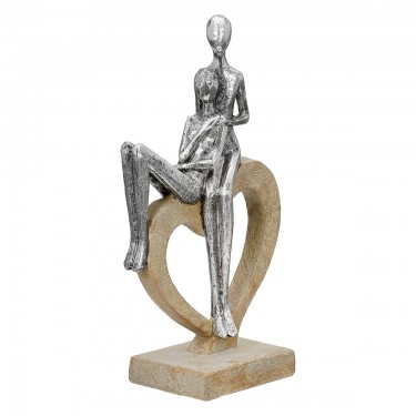 Γλυπτό Καρδιά -Aroha- Ζευγάρι Μοτίβο Πολυρεζίνη Καφέ/Ασημί 7x14x26cm